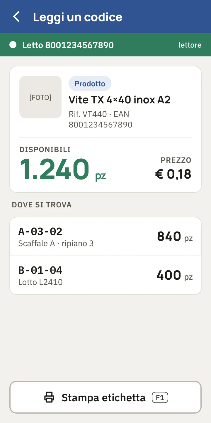 Il risultato di una lettura nell’app Caudio: prodotto, disponibilità, prezzo e le ubicazioni in cui si trova.
