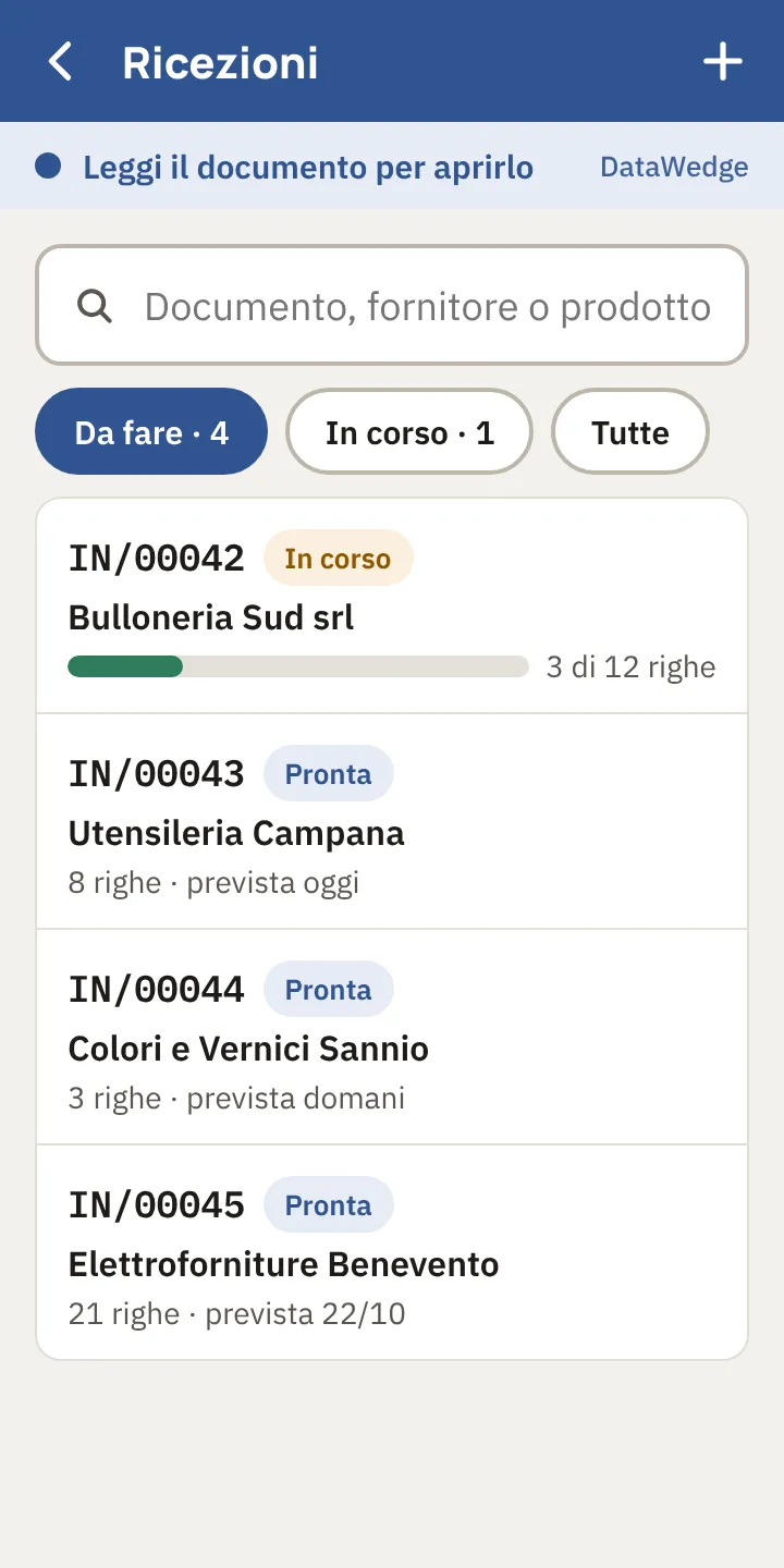 Elenco delle ricezioni nell’app Caudio, con stato e avanzamento di ogni documento.