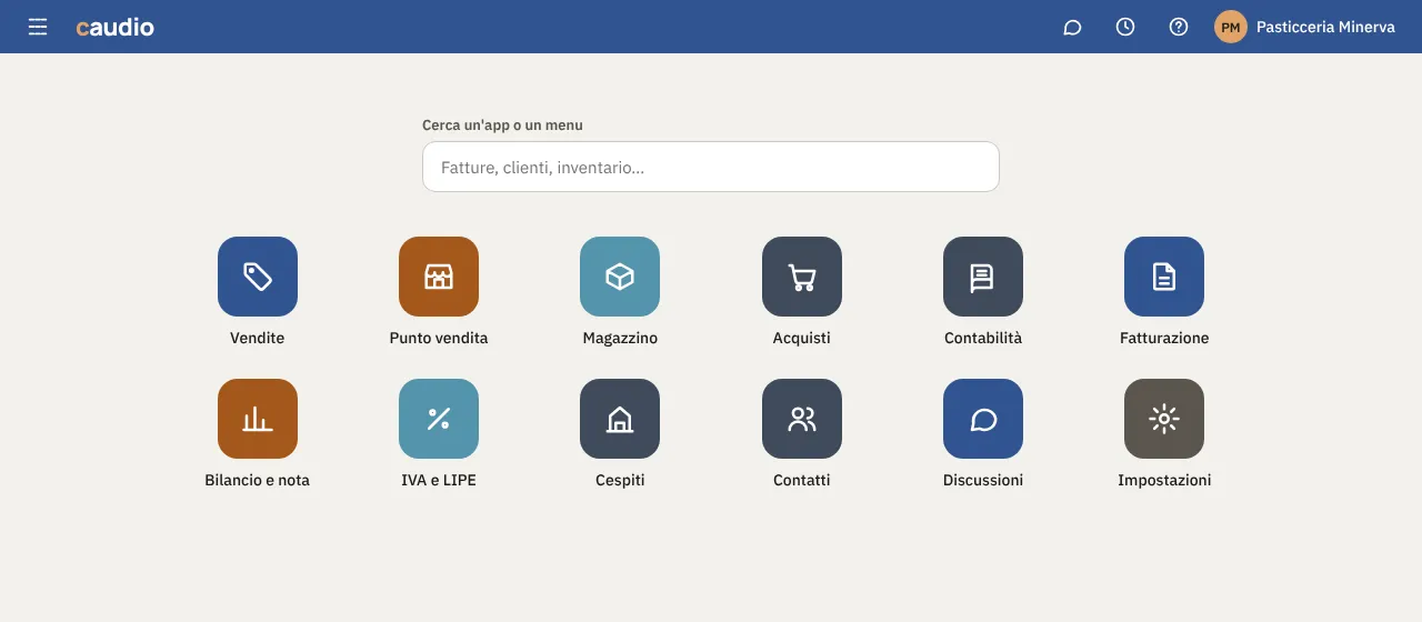 Il menu delle applicazioni di Caudio: Vendite, Punto vendita, Magazzino, Acquisti, Contabilità, Fatturazione, Bilancio e nota, IVA e LIPE, Cespiti, Contatti, Discussioni, Impostazioni.